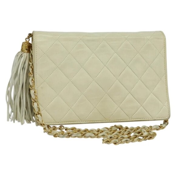 CHANEL Matelasse Chain Shoulder Bag Lamb Skin White Gold CC - Picture 1 of 16